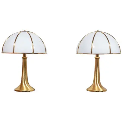 Pair of Large Gabriella Crespi Fungo Table Lamps in Brushed Brass and Acrylic