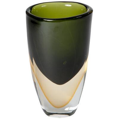 Handmade Murano Glass Sommerso Vase in Darkgreen, Yellow Signed by Romano Donà