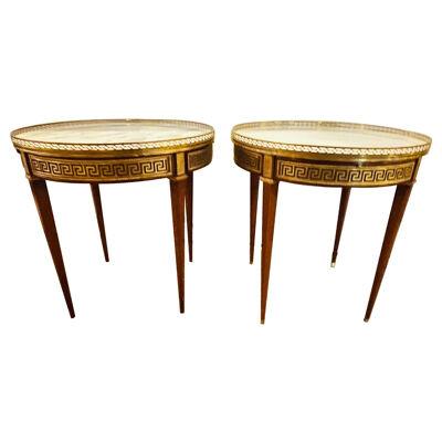 Pair of Marble Top Greek Key Bouillotte or End Tables, Manner of Jansen