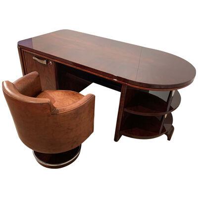 Art Deco Desk with Leather Chair, Rosewood Veneer, France, 1930s