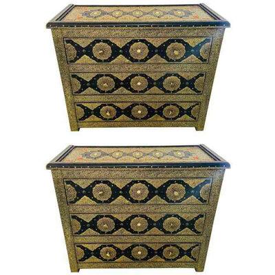 Palatial Hollywood Regency Commode, Chest, Nightstand in Brass and Ebony, a Pair