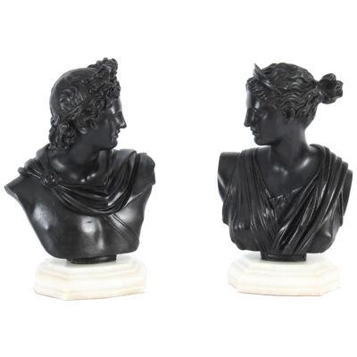 Antique Pair Italian Grand Tour Bronze Busts Apollo & Diana 19th C