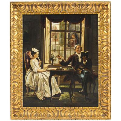 Antique English School Master & Student Oil On Canvas 19th C