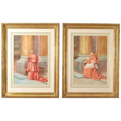 Antique Pair Watercolours 'Cardinals' E Tarenghi c.1910
