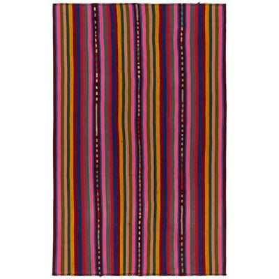 1950S Vintage Chaput Kilim Rug in Pink, Multicolor Stripe Patterns