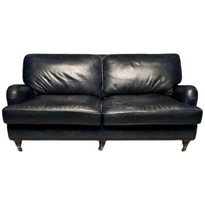 Georgian Rolled Scroll Arm Library Blue Leather Sofa, Sette, George Smith Style