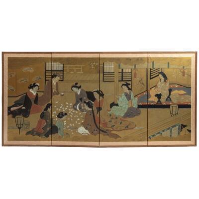 A Four Fold Japanese Decorated Screen