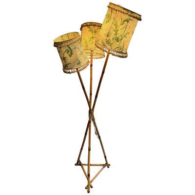 Bamboo and rope 3 lights floor lamp. French work in the style of Audoux Minet. 