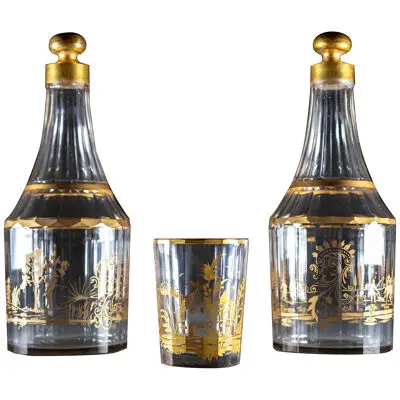 Pair of Bohemian Carafes with Drinking Glass