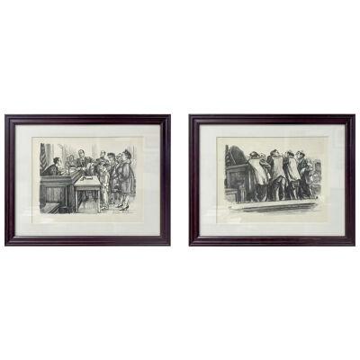 William Sharp Court Room Scene Lithograph, Signed & Framed , a Pair