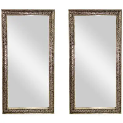 Hollywood Regency Style Silver Filigree Motif Large Wall or Floor Mirror, a Pair