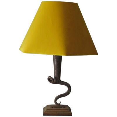 French Wrought Iron Workshop Lamp with Mustard Velvet Shade