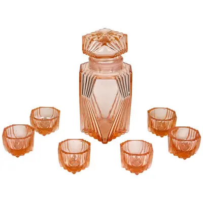 Coral Colored Art Deco Glass Decanter Set With 6 Shot Glasses, Austria ca. 1920
