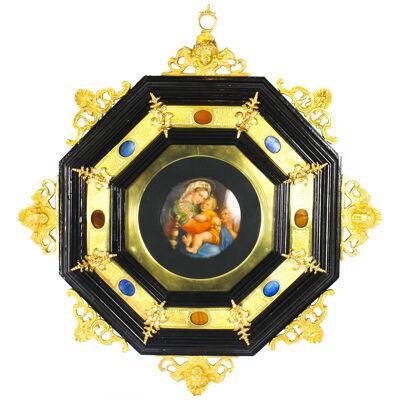 Antique Italian Framed Hand Painted Miniature Madonna & Child 19th C
