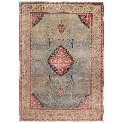 Antique Tabriz Red and Blue Wool Persian Rug