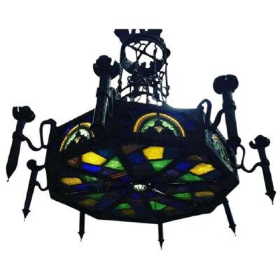 Monumental Gothic Iron and Ornate Stained Glass Panel Chandelier