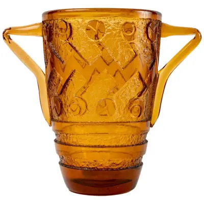 1930 Daum Nancy - Vase Art Deco Handled Vase Amber Orange Glass