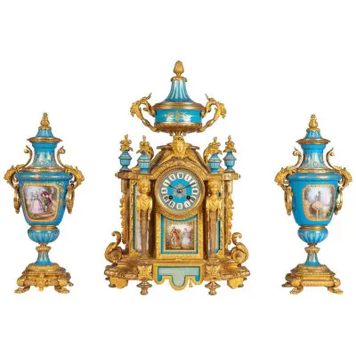 Large Sevres style porcelain clock set, 19th Century.