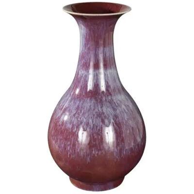 Ceramic Trumpet Formed Variegated Vase in Oxblood and Pink Drip Glaze